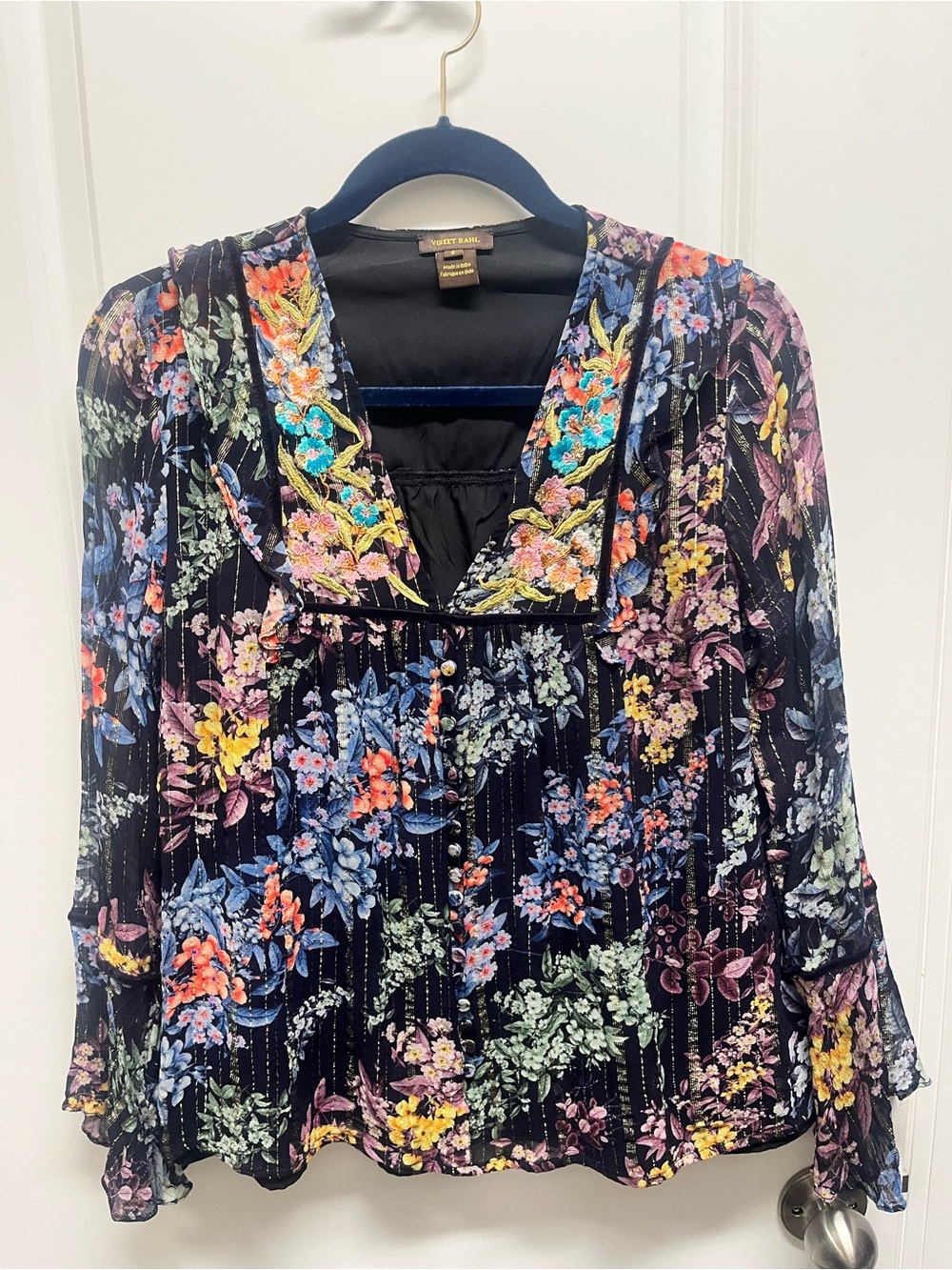 Anthropologie Vineet Bahl Vivienne Floral Embroidered Blouse Black Metallic sz S
